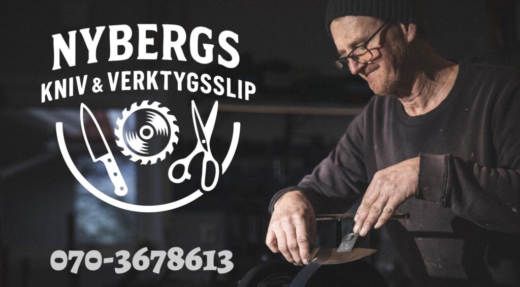 Nybergs Knivslip, en logga på företaget och sedan ser man en man som slipar knivar allt på en mörk bakgrund