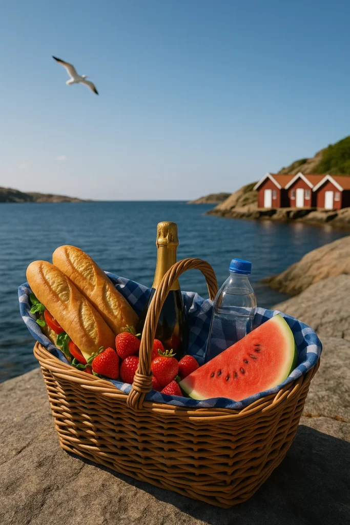 Picknick korg fylld med godsaker och dryck som står på en klippa med havet i bakgrunden