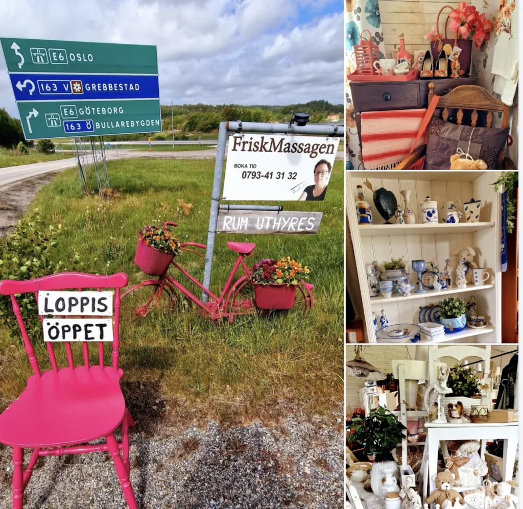 Loppisskylt vid vägkorsning i Tanumshede med rosa cykel och stol, samt loppisprylar som porslin, retroinredning och nallar i butiksmiljö