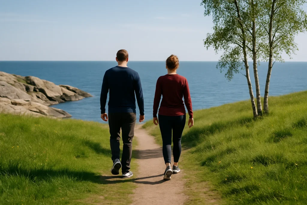 Två personer går på en stig vid havet, omgivna av gröna kullar, björkar och klippor i bakgrunden.