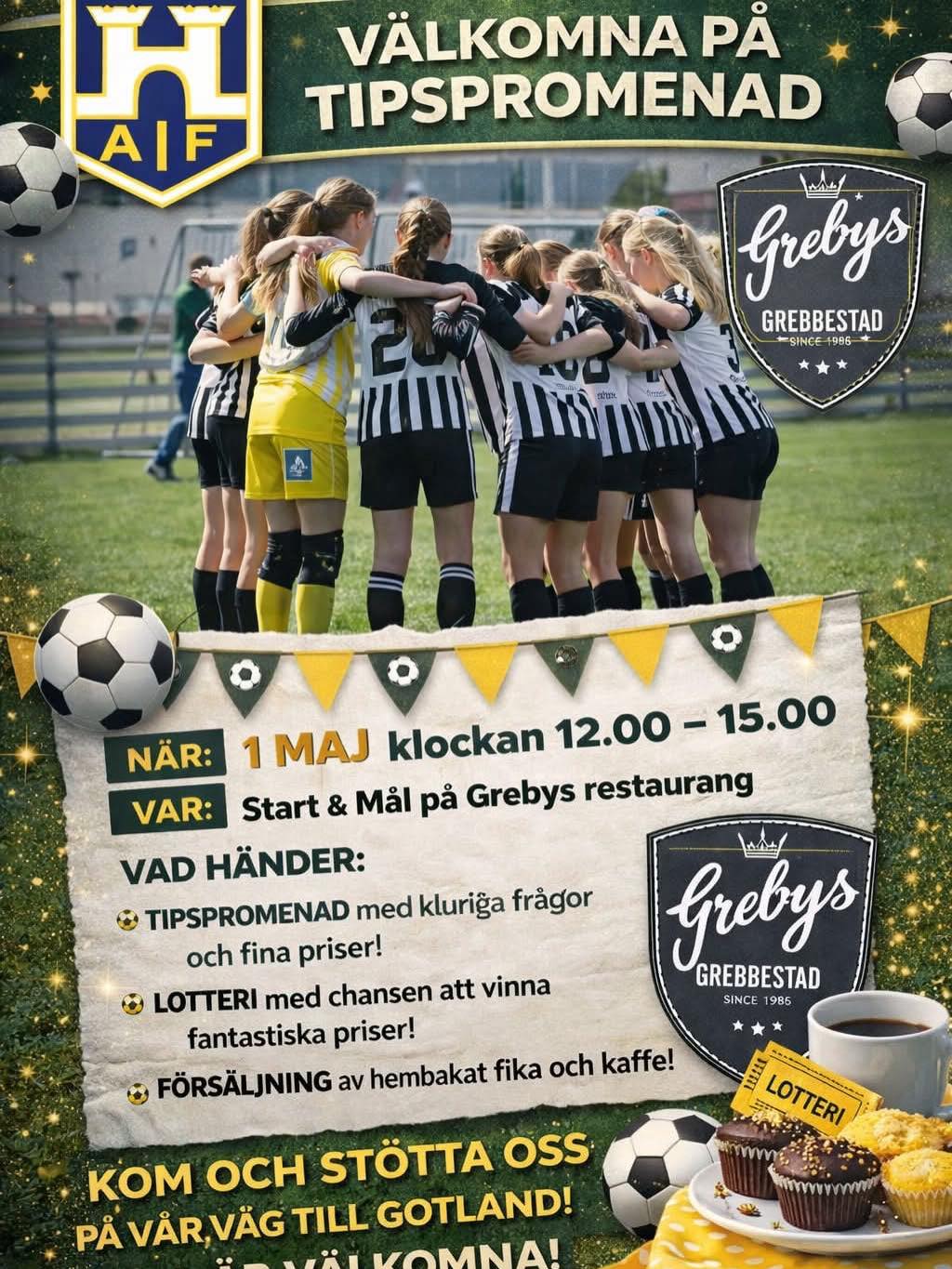 Tipspromenad i Grebbestad 1 maj med fotbollslag, aktiviteter, lotteri och fika vid Grebys restaurang